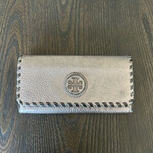 Tory Burch Metallic Silver Leather Large Wallet